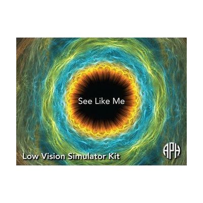 A colorful graphic resembling the iris of a blue and green eye. In the center is a black circle surrounded by a yellow halo with the text "See Like Me." In the bottom left corner, the text reads "Low Vision Simulator Kit." In the bottom right is the APH logo.