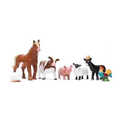 a row of a plastic 3-D animal miniatures including a duck, horse, cow, pig, sheep, goat, and a rooster.