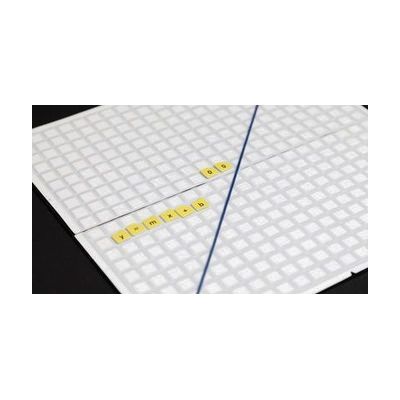 An AnyMath grid board with a blue tactile line constructed that goes through the point (0,0). The point and the formula "y=mx+b" are labeled with tactile yellow stickers next to the blue line.