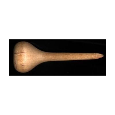 Wooden eraser with one flat side on handle and narrow wooden tip on a black background.