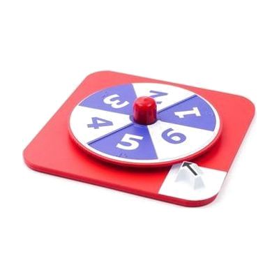 Overhead shot of the red hop-a-dot number spinner on a white background. The spinner alternates between white and blue.