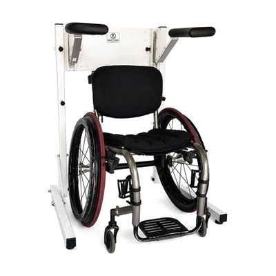 A portable mechanical lift with a black seat and large rear wheels with red rims.