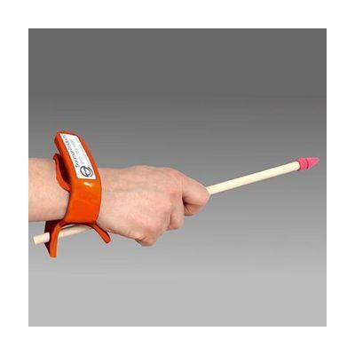 Beige wrist strap with attached cylindrical grip holder designed to secure object handles against the palm