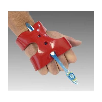 Beige fabric Velcro wrist strap with a loop or sleeve for holding cylindrical objects against the palm