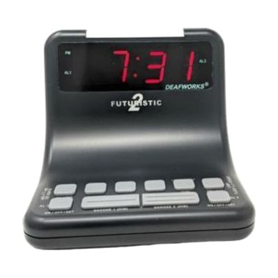 DEAFWORKS Futuristic 2 Dual Alarm Clock with Flashing or Steady Light mode and Dual USB Charging Ports - Black