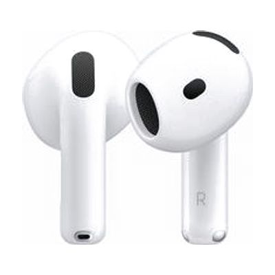 Two white in-ear earbuds with short flat stems, shown beside a small oval white charging case