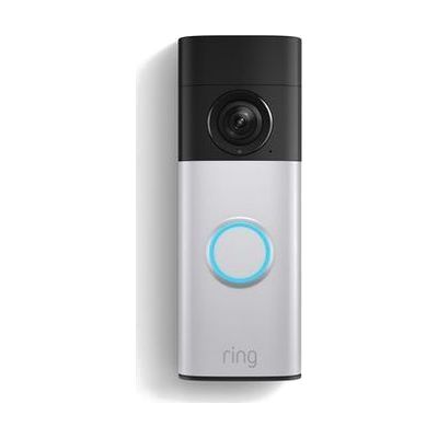 Rectangular black video doorbell with rounded corners, small camera lens at top, button below, approximately 5 inches tall