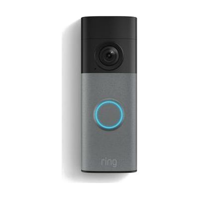 Rectangular white video doorbell with rounded corners, camera lens at top, and circular button below, about 5 inches tall