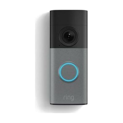 Compact rectangular doorbell camera in matte black, approximately 5 inches tall, with a circular camera lens near the top and
