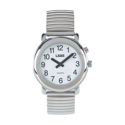 Talking 1-Button Watch With Choice of Voice White Face, Silver Color, Silver Expansion Band