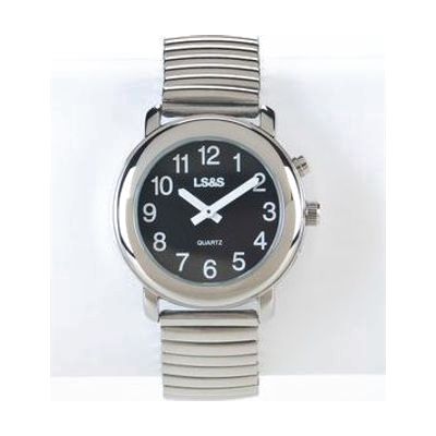 Talking Watch 1-Button Black Face - Silver Exp. Band - Men's