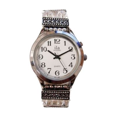 Ladies Silver ila Talking Watch /Round Beaded Band 1 Button