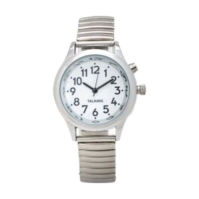 Image: talking watch with white face, silver case and silver flex band