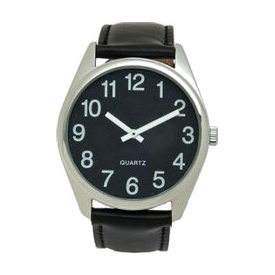 Low Vision Silver Tone Watch with Black Face and Leather Band