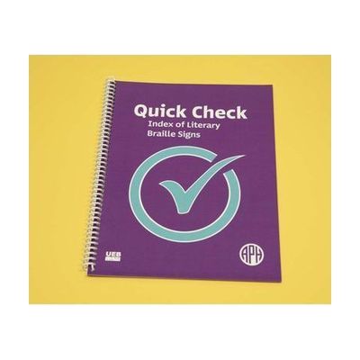 Quick Check Index of Literary Braille Signs Print edition is a spiral-bound book featured over a yellow background. On the purple cover resides a large blue check mark in the middle, a UEB logo in the bottom left-hand corner, and the APH logo in the bottom right-hand corner.