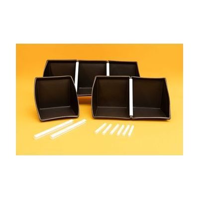 Six black calendar boxes in two rows attached with white U-channels. In front of the calendar boxes are 8 additional white U-channels.