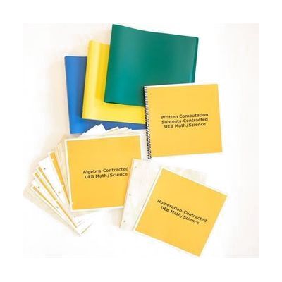 KeyMath 3 UEB Supplement Contracted kit displaying three folders (blue, yellow, and green) and three instruction booklets: Written Computation Subtests, Algebra, and Numeration-Contracted UEB Math/ Science.