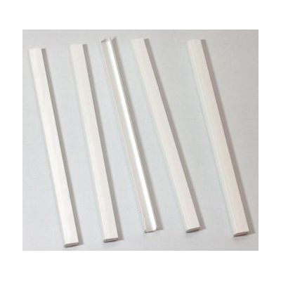 Narrow white plastic U-shaped channel rail, approximately 8.5 inches long and 0.5 inches wide