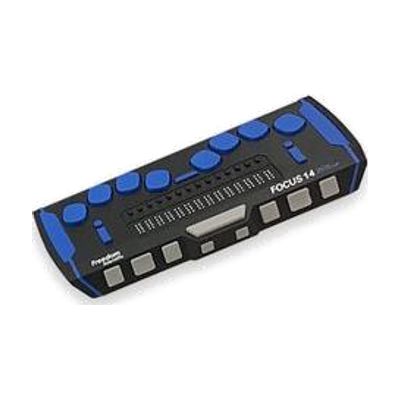 Slim rectangular silver and black braille display, approximately 6 inches wide, with a row of braille cells and navigation bu