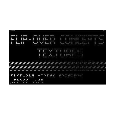 A splash screen of the Flip-Over Concepts for Monarch Textures app that says, "Flip-Over Concepts Textures" with a textured line underneath. In the bottom left corner of the screen is braille text.