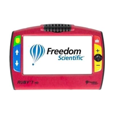 Handheld rectangular video magnifier with 7-inch color LCD screen and a rotating camera module on the back, shown in white an
