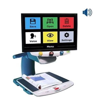 Large desktop video magnifier with a widescreen monitor mounted on an arm above a sliding XY table platform, with control but