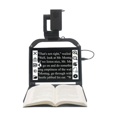 Foldable desktop video magnifier stand with articulating camera arm in white and gray, designed to hold a tablet upright whil