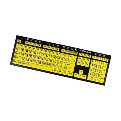 Full-size keyboard with black keycaps and large bright yellow printed letters, standard layout with number pad