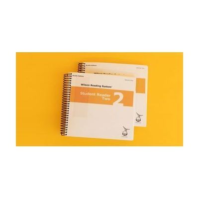 Volumes 1 and 2 of the braille student reader 2 with a yellow stripe across both covers.