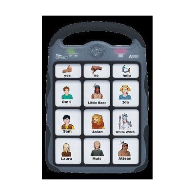 A speech-generating device with a grey case and carrying handle, its grid of square buttons showing labeled character icons.