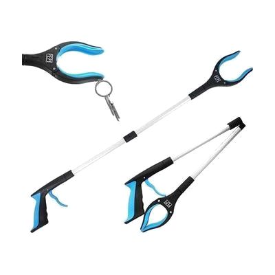 Long folding grabber tool with pistol-grip handle, rotating claw tip, and small magnet at end