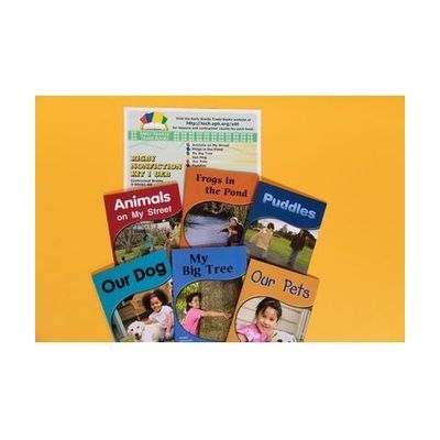 A collection of six colorful books titled Animals on My Street, Frogs in the Pond, Puddles, Our Dog, My Big Tree,  and  Our Pets on a yellow background.