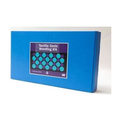 The blue storage box for Tactile Ionic Bonding Kit UEB. The sticker with the product name resembles the design on the front cover of the guidebook.