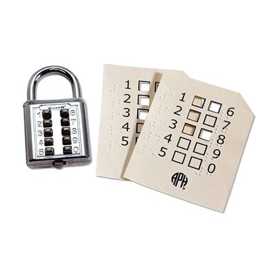 Small rectangular silver padlock with a row of numbered push buttons on the front face