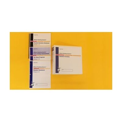 The Wilson Reading System IV large print student portfolio, which includes a three-ring binder, the student notebook, "My Step" progress booklet, and a spiral bound student dictation notebook.