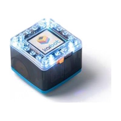 Small wheeled robot in white and teal with rounded body, shown alongside a set of flat tactile programming tiles and braille 