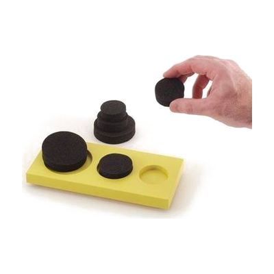Flat rectangular wooden board with three circular recessed holes of graduated sizes and matching circular insert pieces