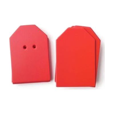 A package of red “barn”-shaped cards (10 undrilled and 5 two-hole drilled)