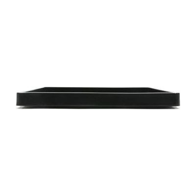 Flat rectangular black plastic tray with raised edges, approximately 17 by 12 inches