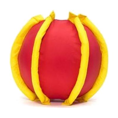 Large round ball approximately 14 inches in diameter with high-contrast ribbed fabric panels and crinkled texture strips betw