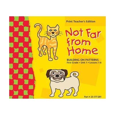 Illustrated book cover titled Not Far from Home in red, featuring an orange cat and a brown dog on a yellow background. Red and green pattern on the left.