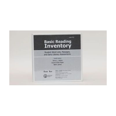 A three-ring Basic Reading Inventory binder labeled "Large Print" standing on a white background. The black and gray cover says, "Basic Reading Inventory - Student Word Lists, Passages, and Early Literacy Assessments" and list the authors.