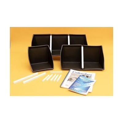 Set of small black rectangular boxes with open fronts, designed to stack or expand in a row for holding tactile objects