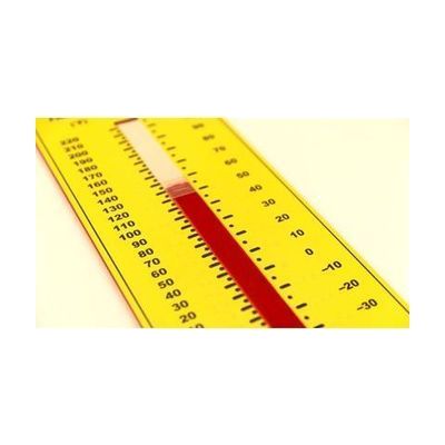 Rectangular tactile thermometer with raised scale markings on both sides, braille labels, approximately 12 inches tall