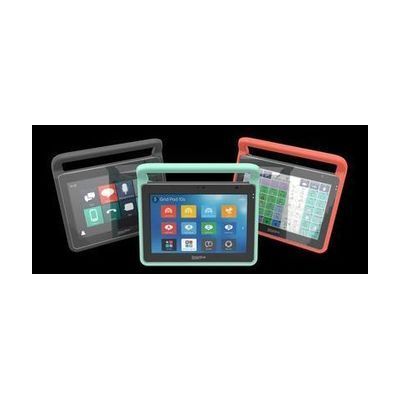 A group of tablet-style communication devices in black, teal, and coral cases, each showing a colorful icon grid screen.
