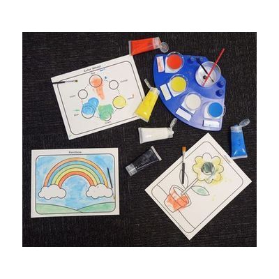 Coloring pages, palette, paint pots, paint, and brushes from Paint Pot Palette.