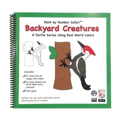 Spiral-bound activity book with raised-line tactile illustration of backyard creatures on the cover