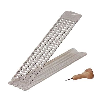 Small clear plastic braille slate with hinged top plate and a short stylus with a wide cylindrical grip handle
