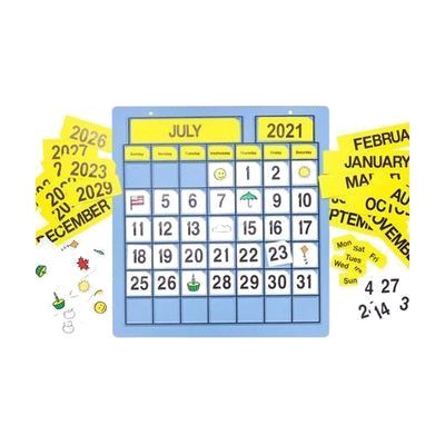 Large wall-mounted calendar board with oversized print and braille labels, with separate interchangeable date and month piece