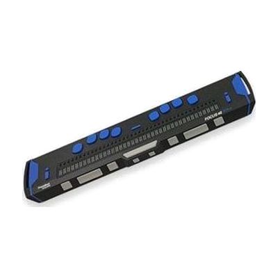 Slim rectangular portable braille display in dark gray metal housing, approximately 12 inches wide, with a row of 40 braille 